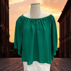 KrisA Emerald Green Off Shoulder Blouse M Boho Flowy Top Festival Cottagecore
